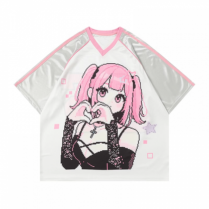 Rosa lockeres T-Shirt mit V-Ausschnitt und Cartoon-Mädchen-Print