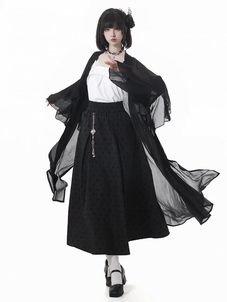 Gepunkteter Rock mit Quastenanhänger, schwarzer elastischer Bund, Cheongsam-Stil
