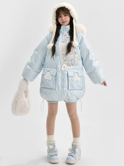 Applique Blue Hooded Down Coat