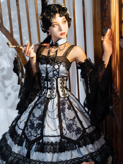 Robe élégante de style chinoiserie bleue et noire + ceinture corset à baleines + ensemble Qi Lolita JSK superposé à pompons
