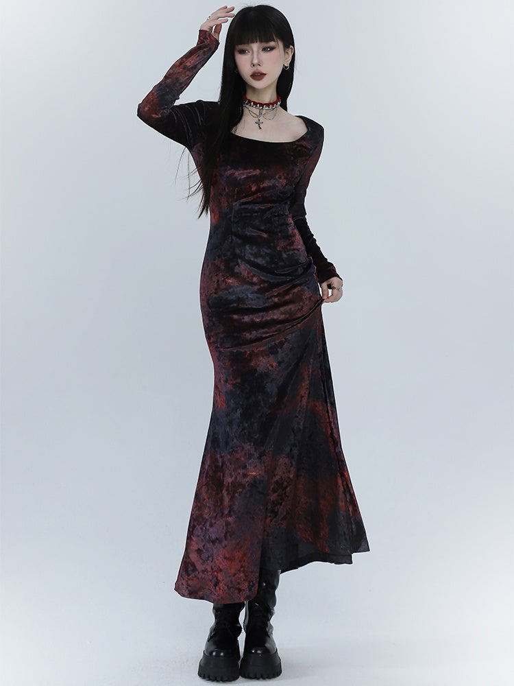 Robe sirène en velours noir et rouge tie-dye