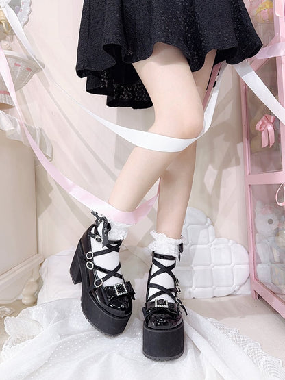 Polished Black Jirai Kei Rhinestone Bowknot Landmine Style Platform Shoes