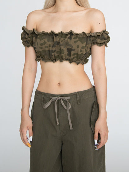 Dark Camo Ruffled Trim Short Puff Sleeves Glamorous Cropped Strapless Top