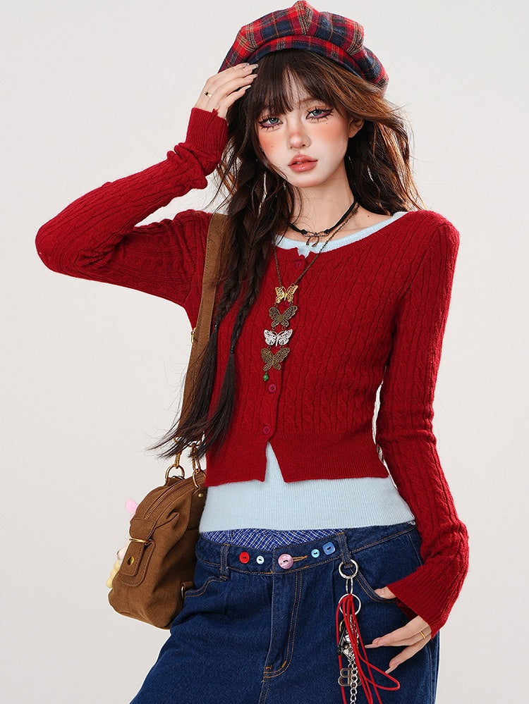 Red/Black/Grey Fake Two-piece Design Slim-fit Knit Top