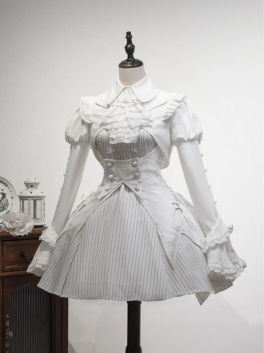 Ensemble complet robe lolita blanche à rayures, gilet et haut court