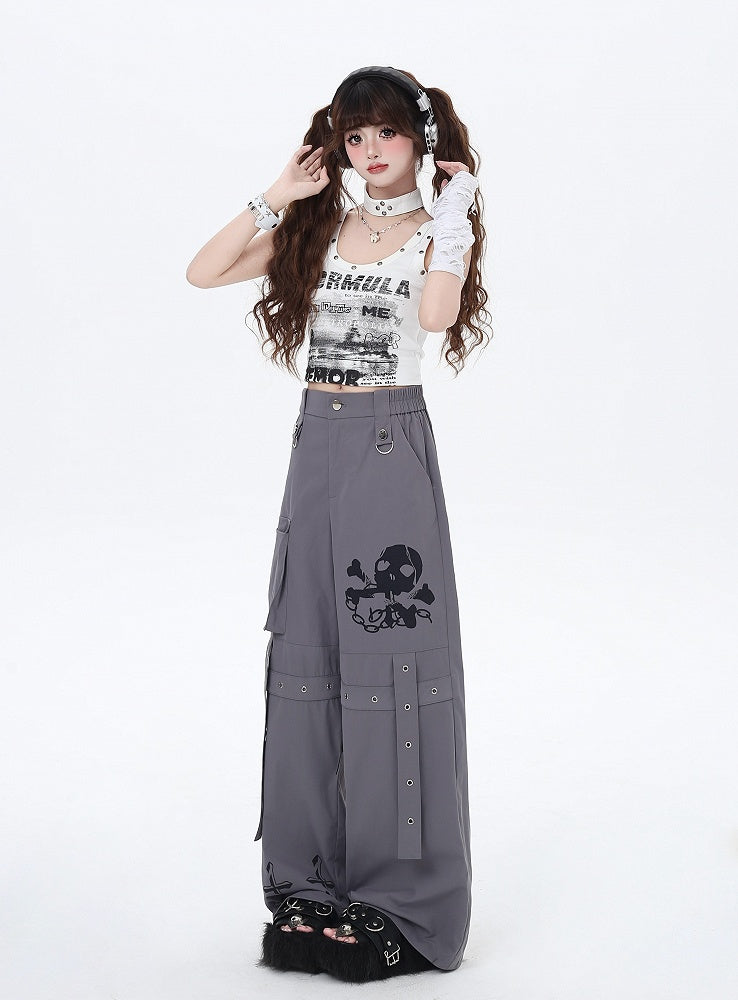 Cargo Skeleton Pockets and Cross Print Black/Grey/Pink Wide-Leg Pants