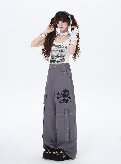 Cargo Skeleton Pockets and Cross Print Black/Grey/Pink Wide-Leg Pants