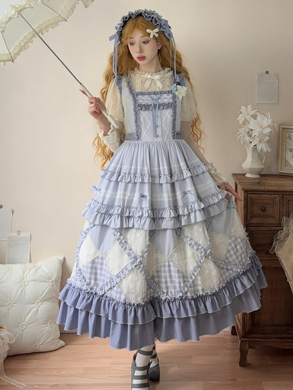 Blue Gingham Pattern and Floral Lace Patches Skirt Casual Lolita Dress