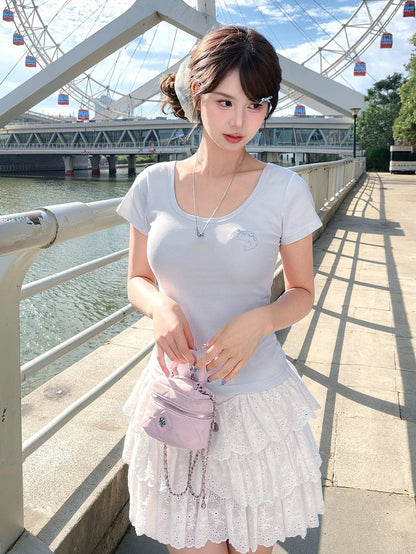 Blue Scoop Neckline T-shirt Dolphin-shaped Cutout Back