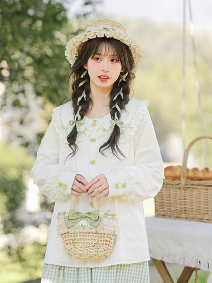 White Lace Trim Rounded Flat Collar Green Bow-Shaped Buttons Blouse