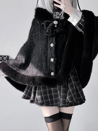 Jirai Kei Black/White Plush Trimming Knit Cape