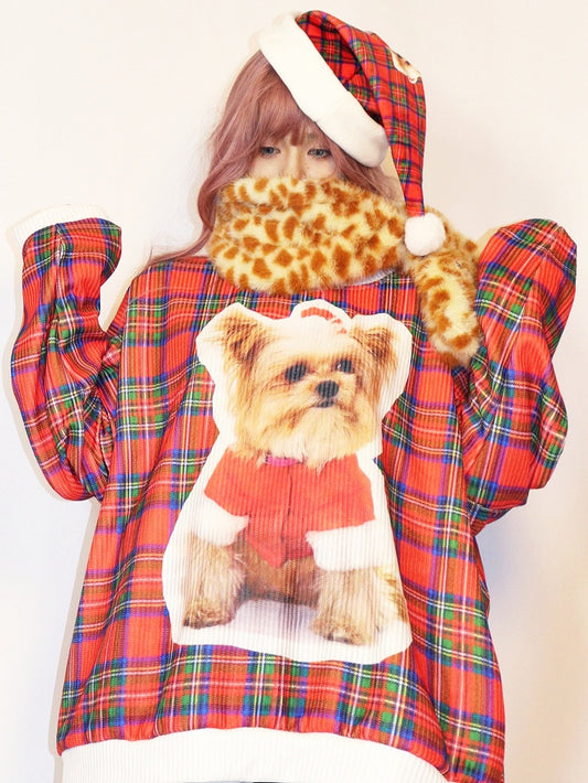 Weihnachtskariertes Sweatshirt mit Welpen-Print Rot
