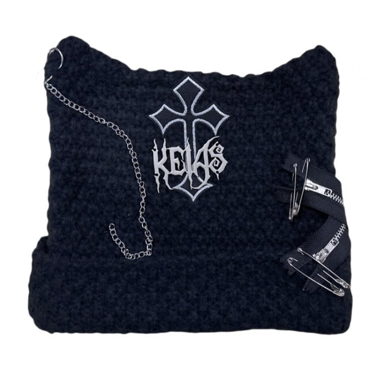 Black Y2K Punk Cross Knit Hat