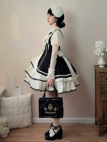 Jumper Beige Lolita Black Fit and Skirt Elegant Tiered Slim Waist