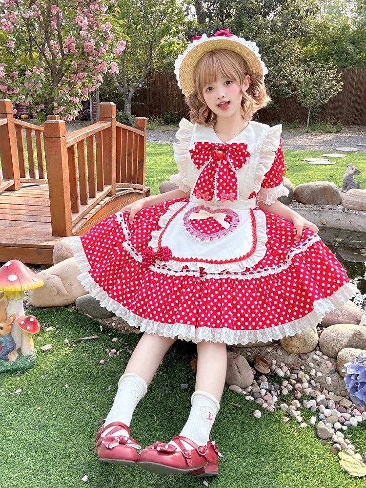 Collar Old Peter Maid White Strawberry Polka Bow Dots Lolita Pan Big Apron + Red School Dress