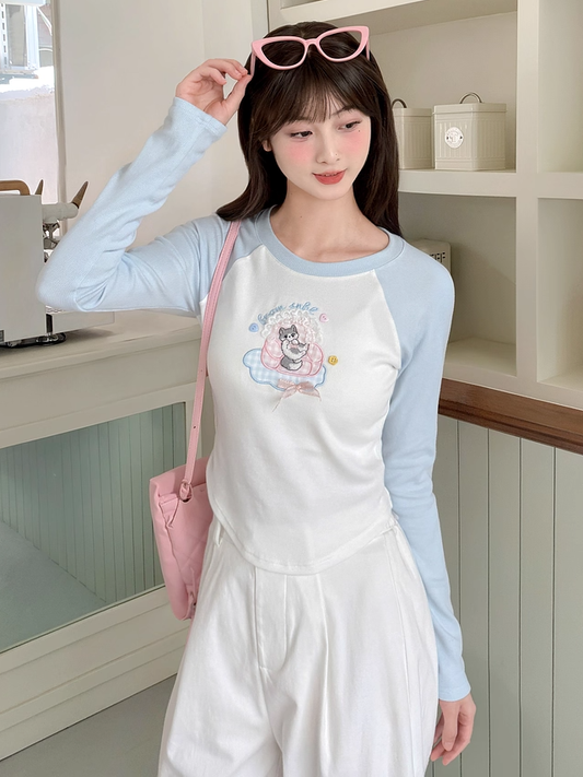 Cartoon Kitty Embroidery Blue and White Colorblock Design Top