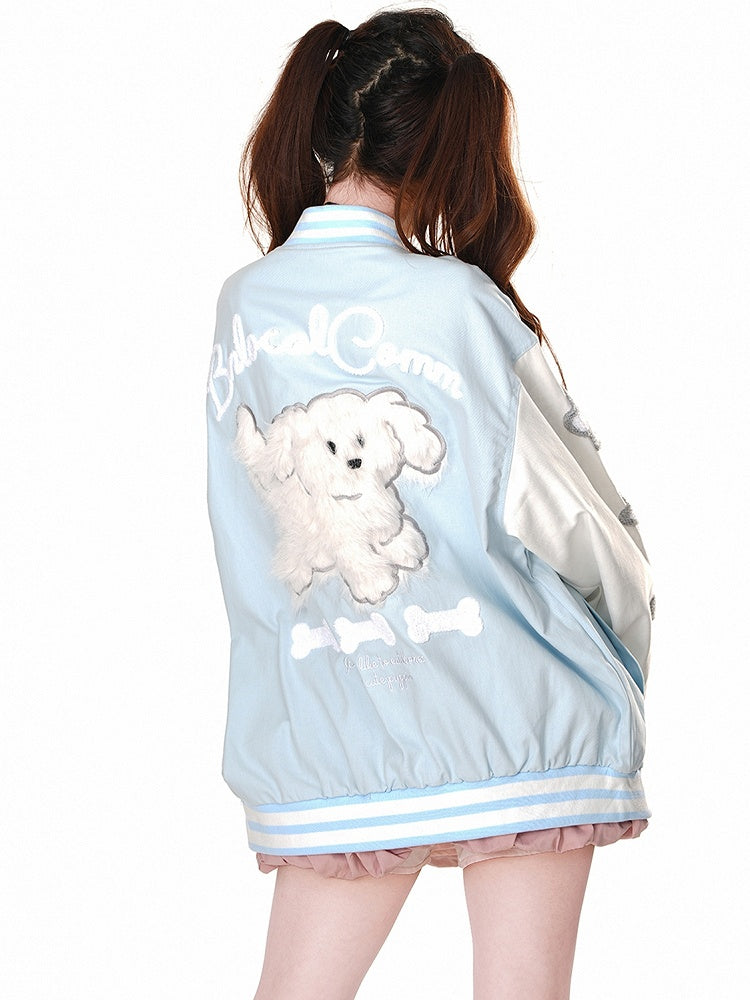 Blau/Pinke Baseballjacke mit süßer Welpen-Applikation auf der Rückseite