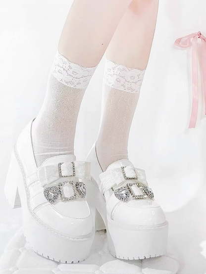 with Jirai Platform Matte Rhinestone Bow White 10cm Heart Loafers Kawaii Kei Heel