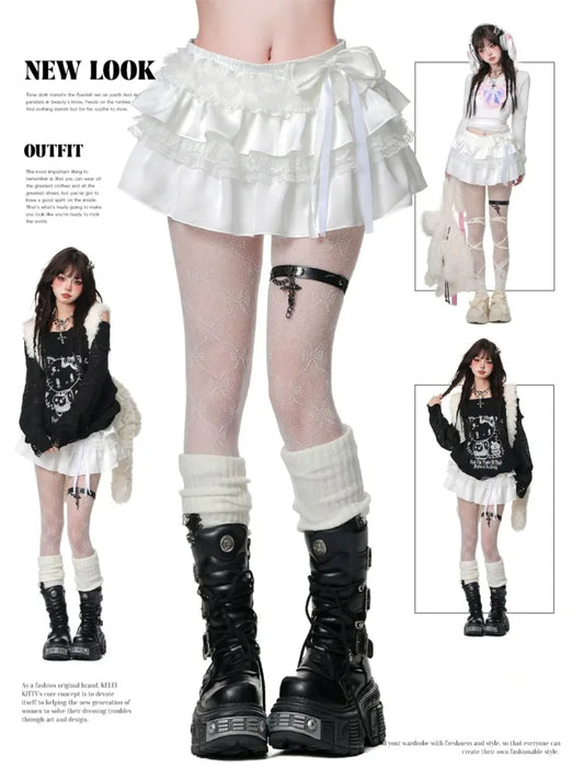 Skirt Detail Bowknot Tiered White