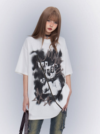 White Round Neck Printed Loose T-Shirt with Zipper Detail