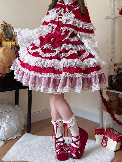 Decorated Bows Skirt Jumper White Lolita Lace Dress Hanayome Red Trims