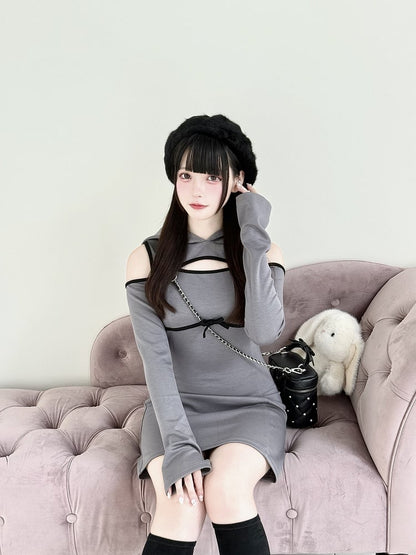 Jirai Hoodie Shoulder Gray Daywear Cutout Kei Above-Knee - Chest Dress