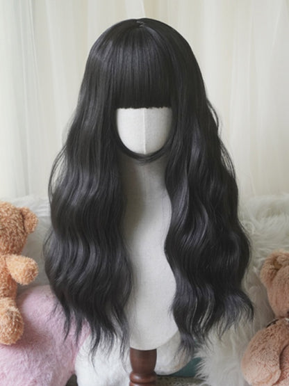 Black/White/Light Blonde/Blonde/Caramel/Grey Long Wavy Wig With Full Bangs