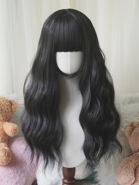 Black/White/Light Blonde/Blonde/Caramel/Grey Long Wavy Wig With Full Bangs