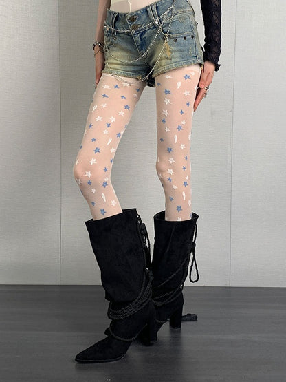 Milk White Y2K Star Print Punk Tights