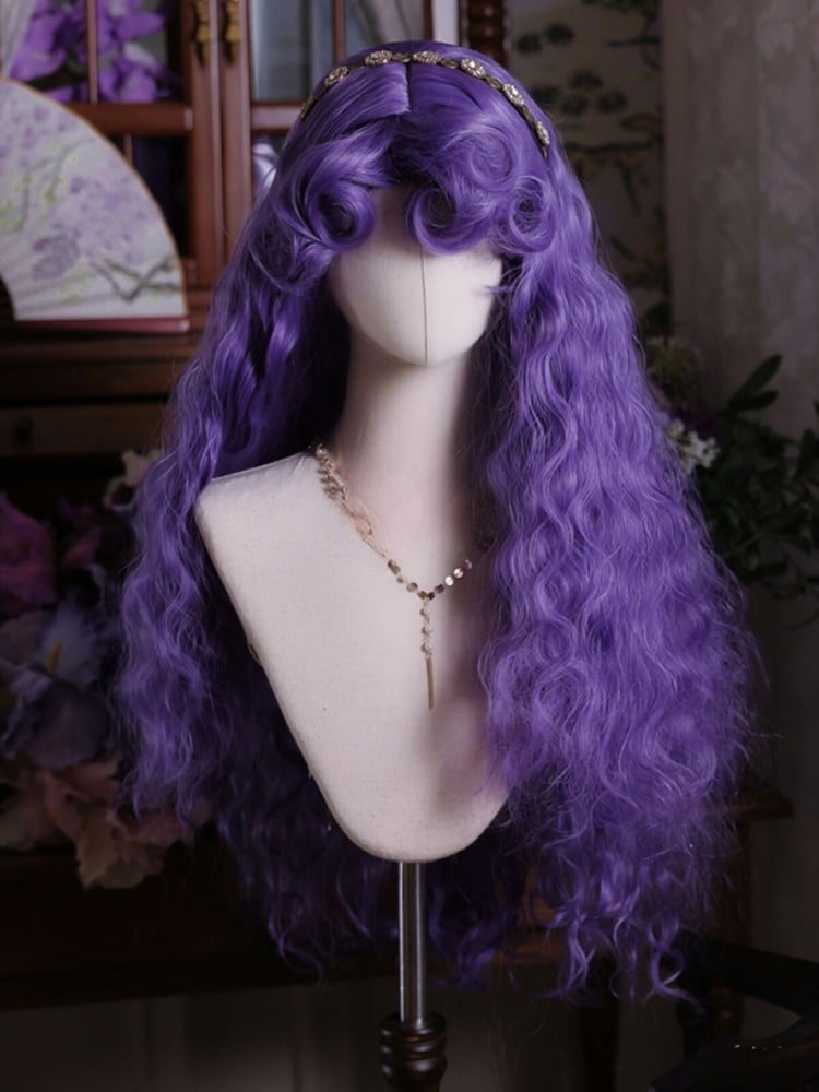 Purple Curly Bangs Long Wavy Synthetic Wig