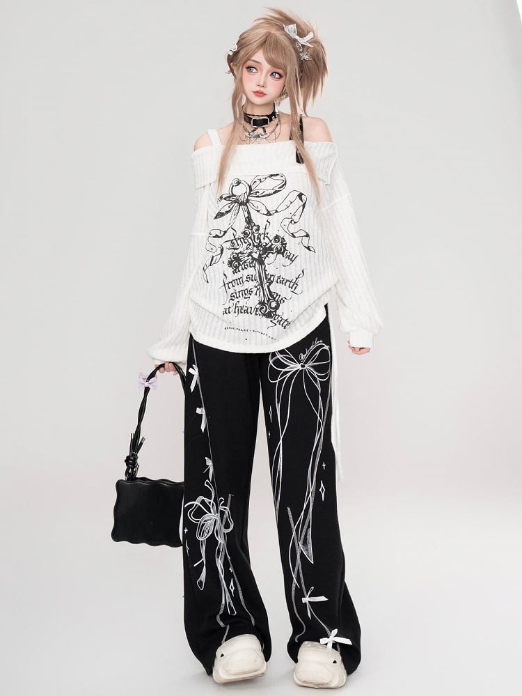 Black/Light Grey Ribbon Bow Straight-leg Cut Sweatpants