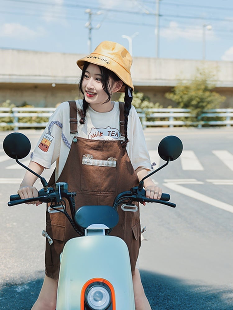 Brown Cargo Pockets Bowknot Detail Overall Shorts