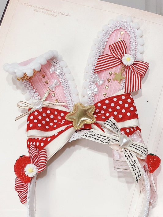 RotRosa Und Details Erdbeere Stern Bunny Süße Ohren KC Verziert Bowknot Lolita