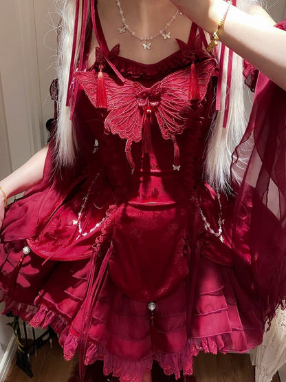 Tassels with Fairy Jumper Sleeves Butterfly Cascading Decorated Skirt and Red Lolita Ruffle