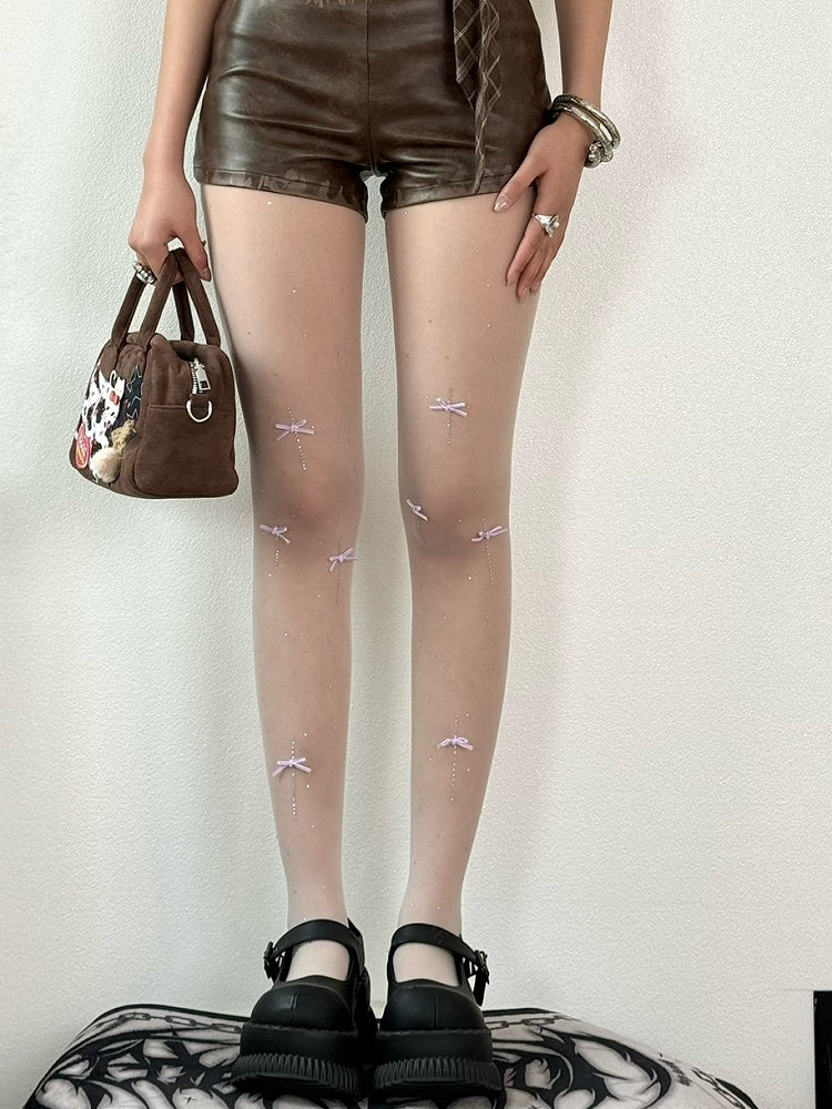 Strumpfhose mit Strassverzierung und Schleife, Weiß/Lila/Pink