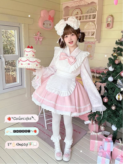Pink & White Sakura Jirai Kei Full Set-Bell Sleeves Top+Puff Skirt+Apron Cherry Blossom Festival Wa Style Outfit