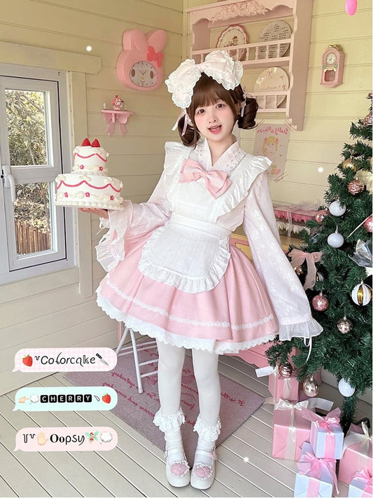 Pink & White Sakura Jirai Kei Full Set-Bell Sleeves Top+Puff Skirt+Apron Cherry Blossom Festival Wa Style Outfit