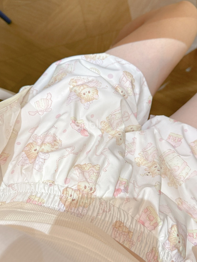 Beige Elastic Bubble Shorts Print Allover Kitty Waist