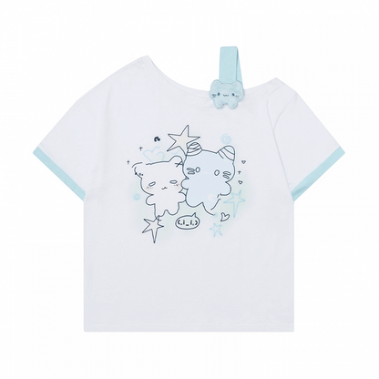 Asymmetrical Neckline T-shirt Cartoon Kitty Print Pink/Blue/Black