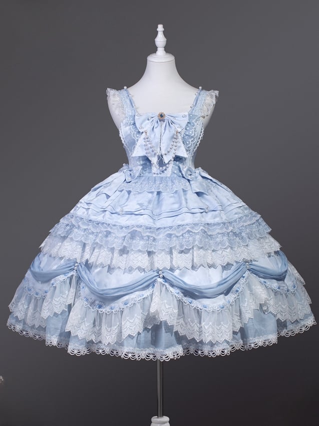 Jupe superposée bleu clair avec nœud décoratif, robe Hanayome, jupe pull Sweet Hime Lolita