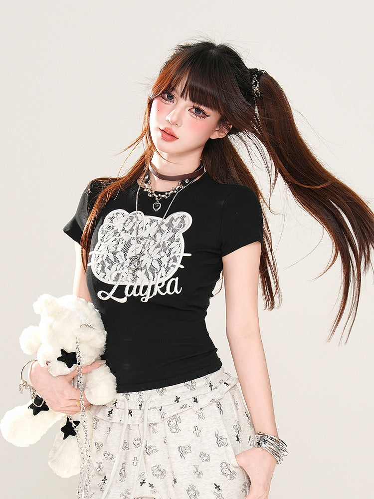 Black/White Lace Kitty Embroidery Glamorous T-Shirt Cropped