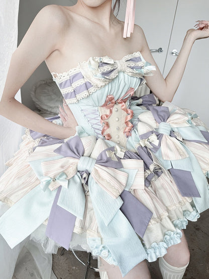 Purple Bowknots Skirt Big Lace-up Basque Waist Tiered Ruffle Sweet Lolita Dress and with Blue on