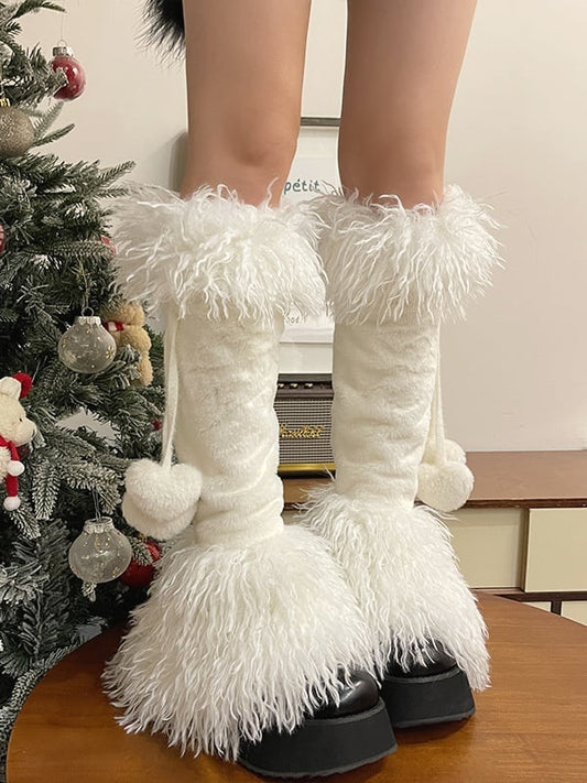 Jambières Lolita blanches à poils longs avec pompons en forme de cœur