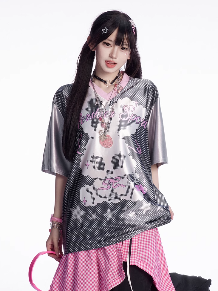 Adorable Bunny Print Black and White V-neck Polka Dot T-shirt