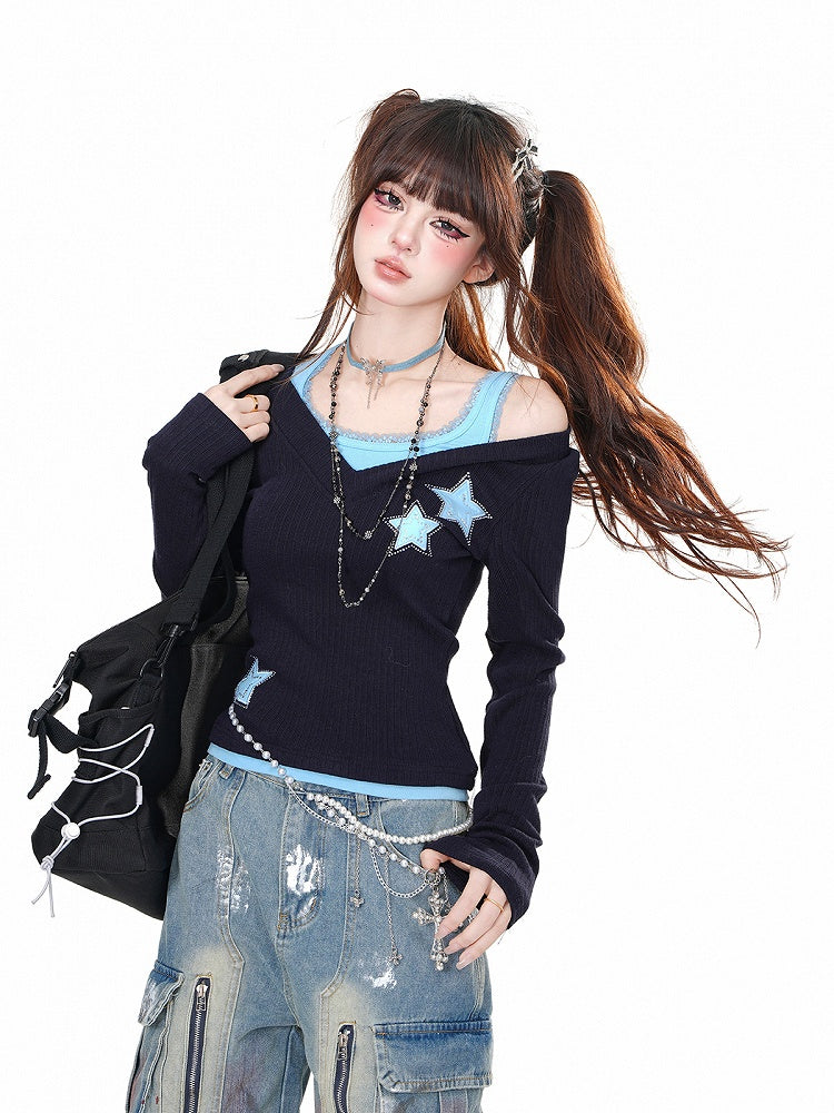Schwarz Blau/Schwarz Rot Strass Stern Glamouröse Top