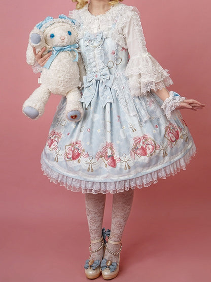 Sweet Lolita Print Blue Strawberry Skirt Jumper