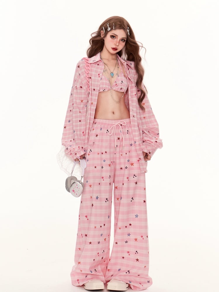 Pink Star Pattern Drawstring Waist Wide-Leg Plaid Pants