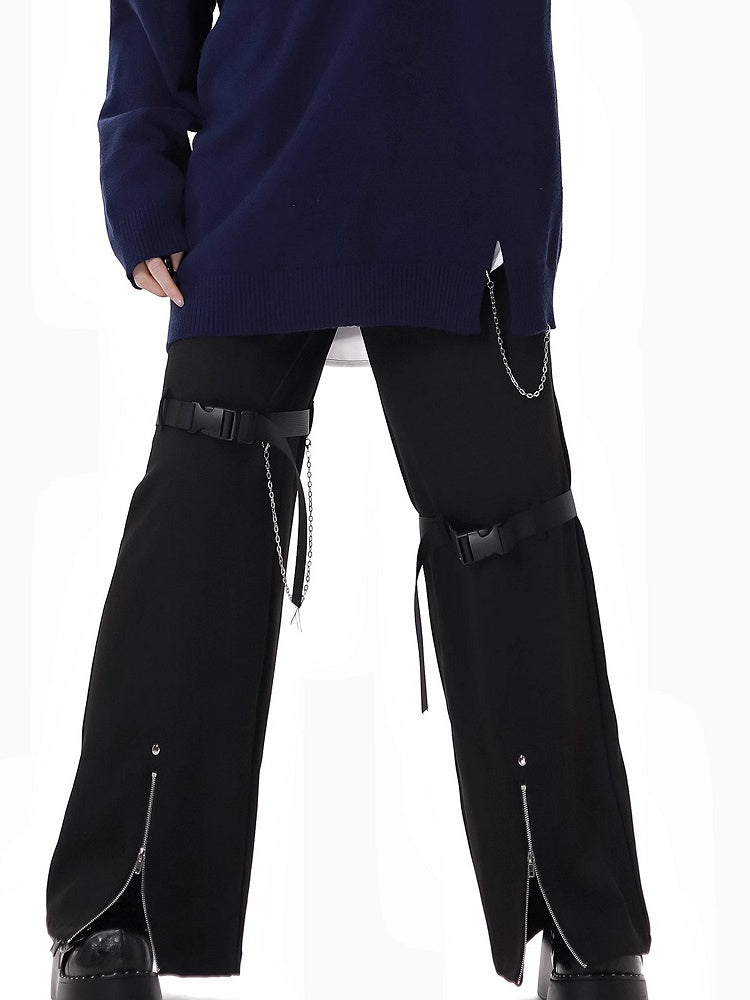 Straight-Leg Pants Black Zip Cuffs Snap Details