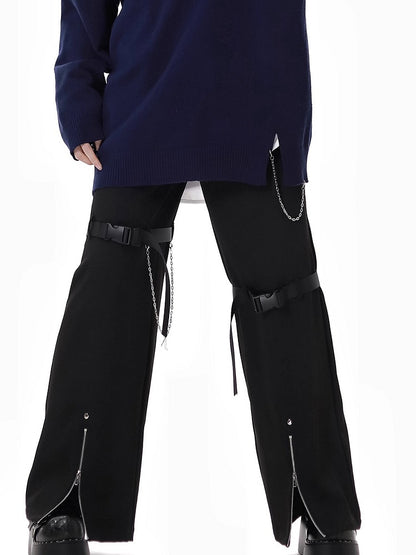 Straight-Leg Pants Black Zip Cuffs Snap Details