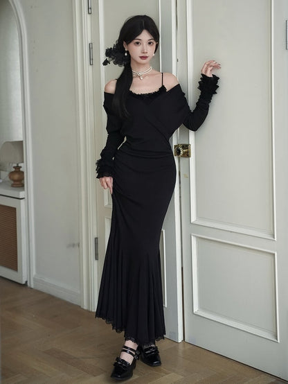 Black Bodycon Elegant V-Neck Dress Deep Knit Mermaid